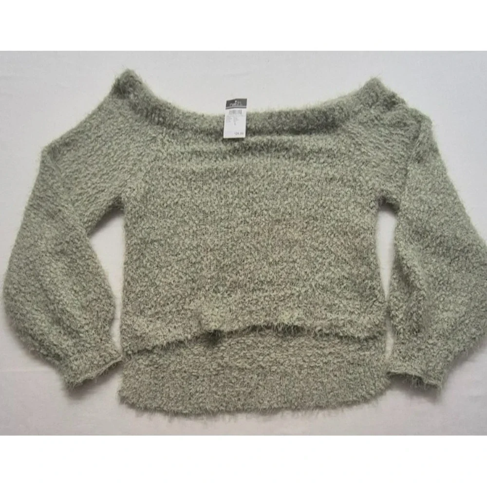 NWT Rue 21 women's green‎ off the shoulder fuzzy tight knit pullover sweater LG